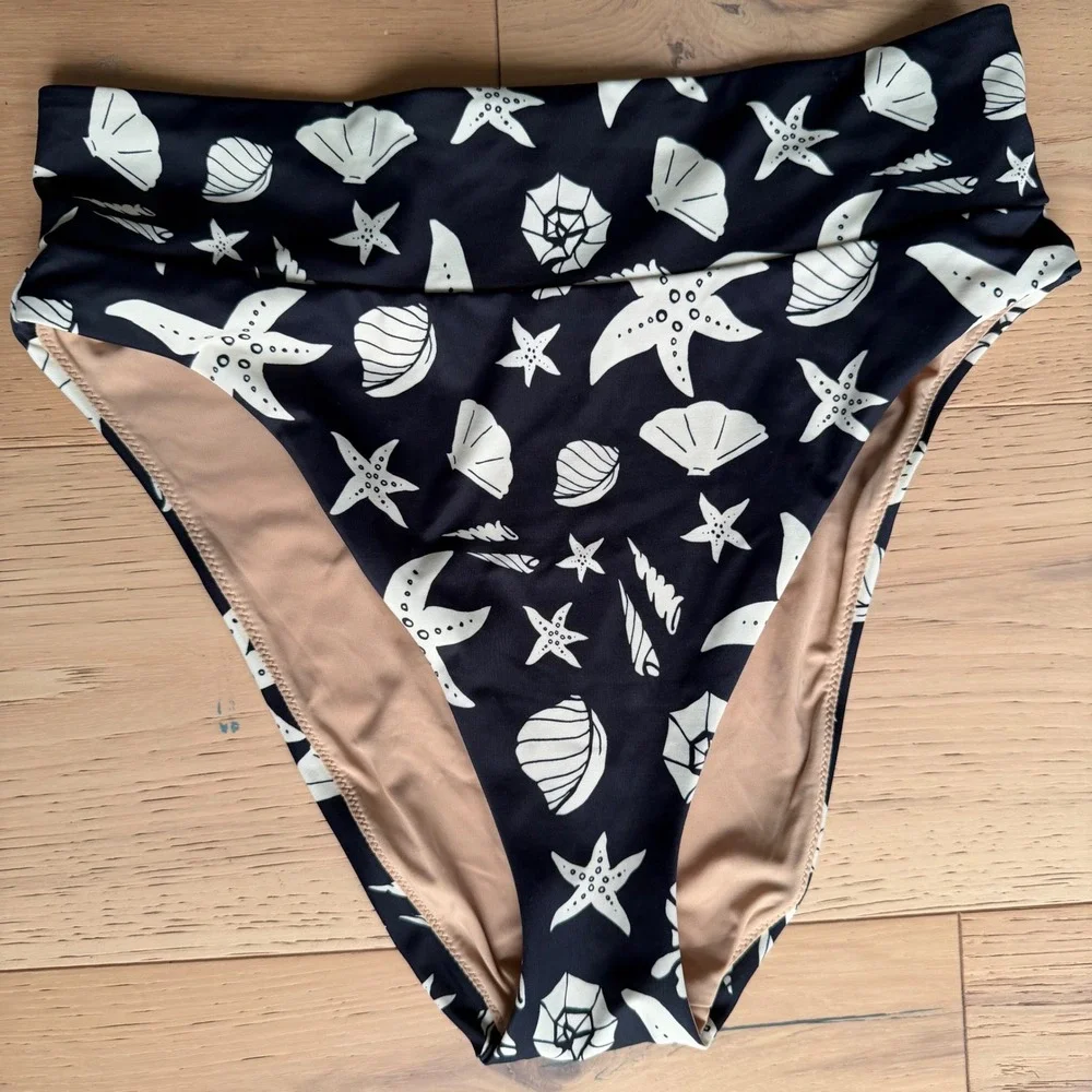MeUndies Seashell Starfish Bikini Set Black White High Waist Size Small